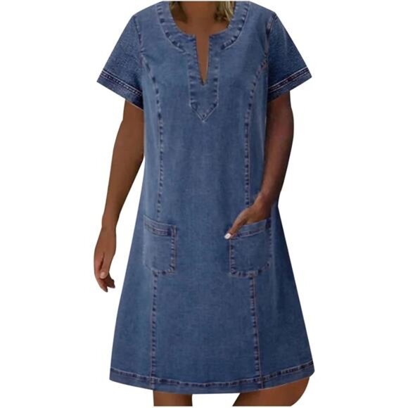 Denim Dress Women Summer Short Sleeve V-Neck Relaxed Fit Denim Dress - Picture 1 of 8